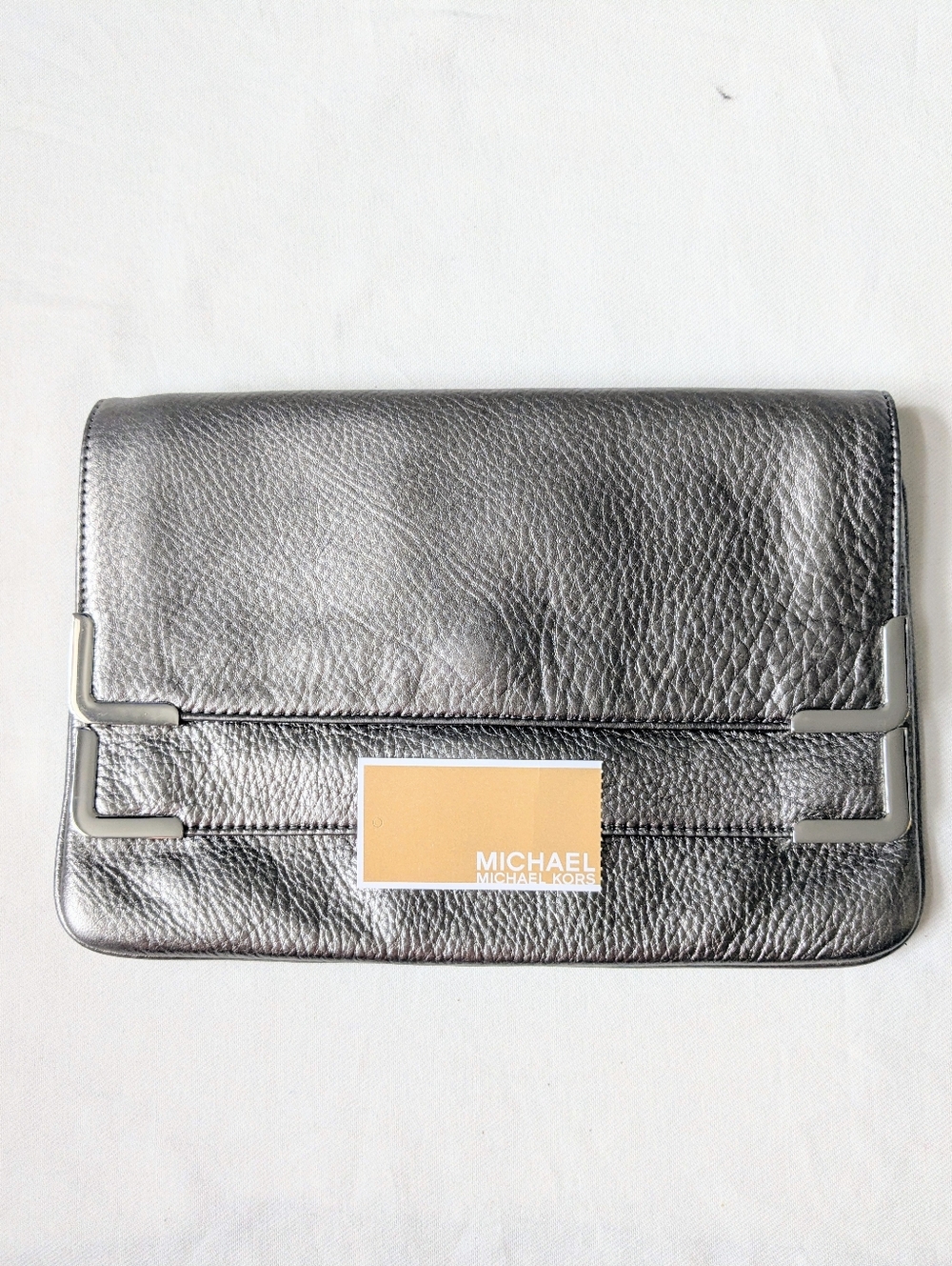 Michael Kors Metallic Silver Pebbled Leather Beverly Foldover Clutch Bag NWT